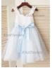 Ivory Satin Sky Blue Tulle Ruffle Straps Flower Girl Dress 